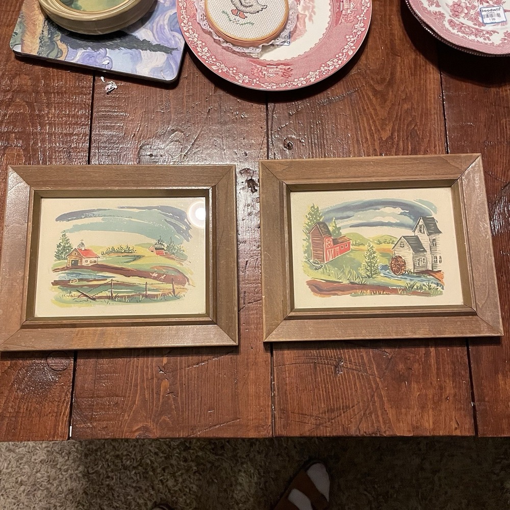 Vintage Country Farmhouse Lithograph Prints by Nikolas Takis Framed Set of 2